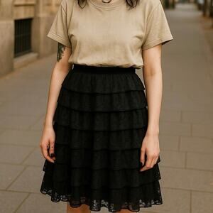 Vintage Black Tiered Lace Skirt | Thrifted Goth Ruffle Midi | 24″ Waist